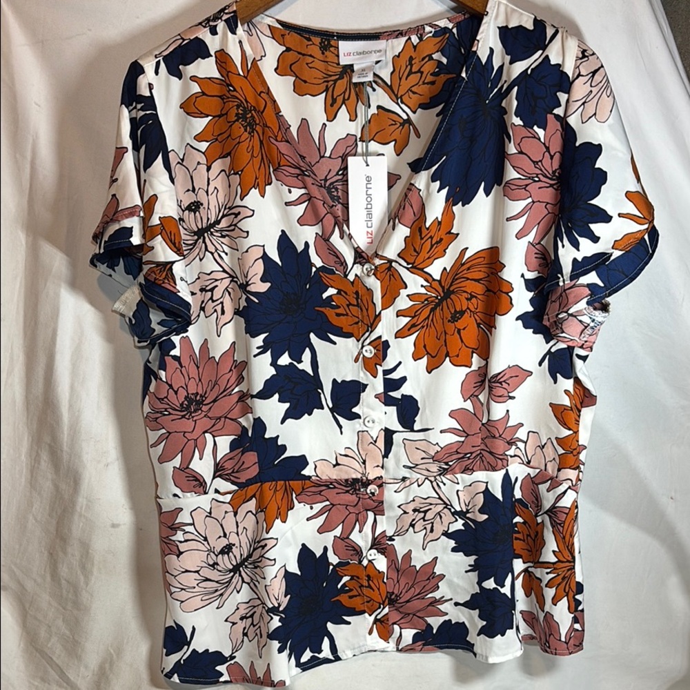 Liz Claiborne Blue and Orange Ruffled Short Sleeve Blouse